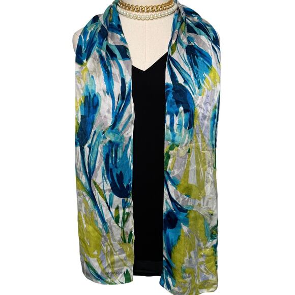 Cynthia Rowley 100% silk watercolor floral rectangle long scarf 12.5 x 64" - Picture 1 of 8